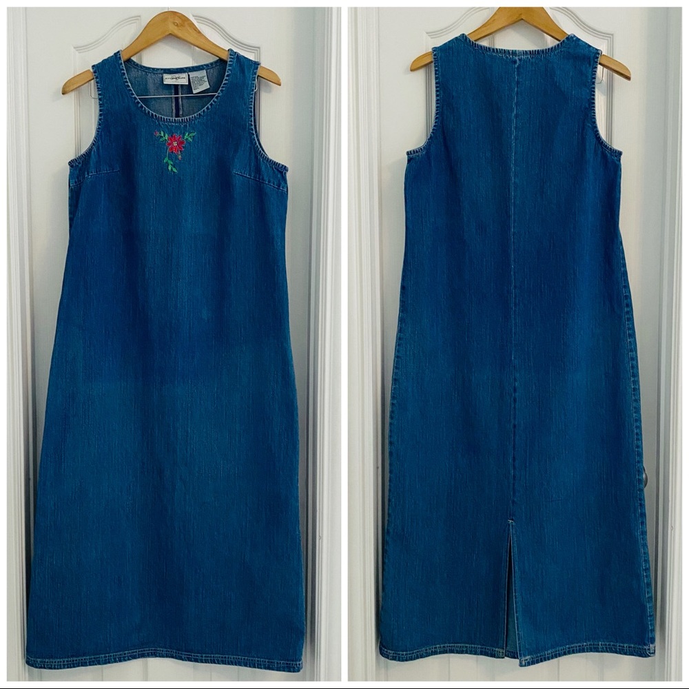 Vintage Denim Dress Studio Ease Chambray Jean Long Sheath Sleeveless Dress